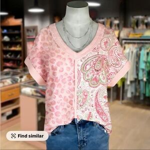 Pink Mixed-Print V-Neck Short Sleeve Top
